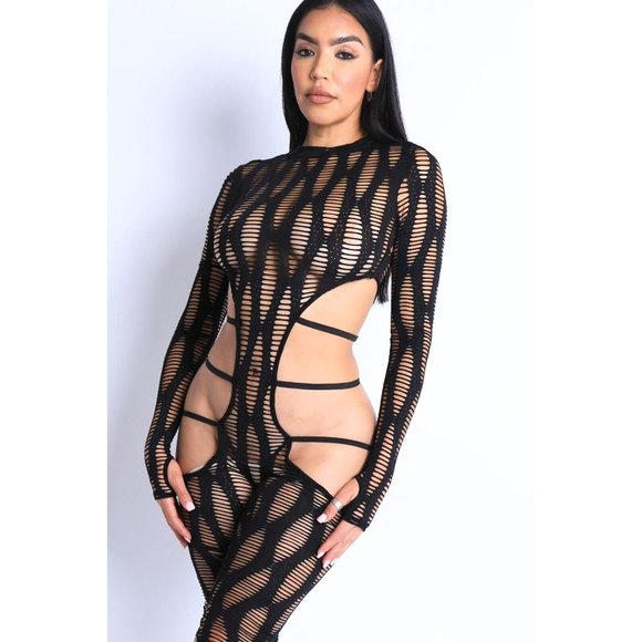 Women Sexy Cutout See Through Distressed Fabric Jumpsuit Party Clubwear Jumpsuit - Picture 3 of 10